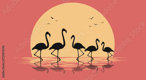 A group of flamingos walking in shallow water during sunset.