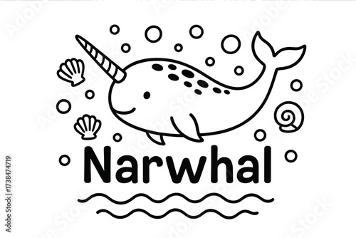 Narwhal Sea Doodle. Doodle narwhal swimming with shells, bubbles, and waves, center word “Narwhal” in black and white isolated