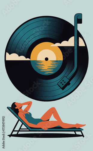 A flat stylized abstract illustration of a woman relaxing on a chaise longue on the beach, listening to music on a retro vinyl record player. Vector graphics. EPS_02.