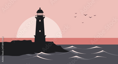 Silhouette of a lighthouse standing tall on a rocky shore.