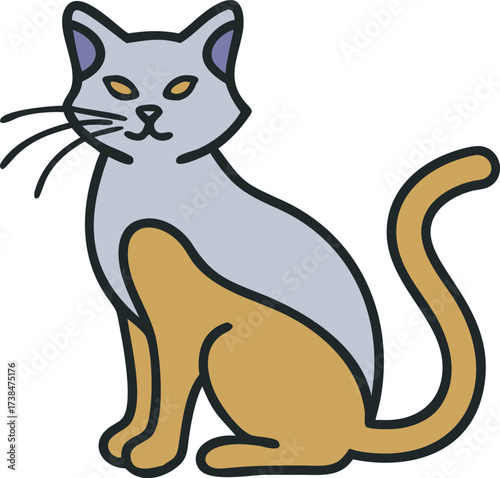 Cartoon cat illustration sitting patiently with grey and orange fur