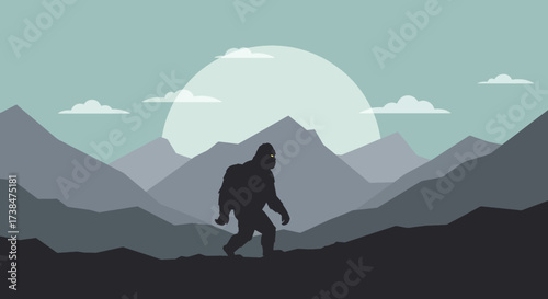 Silhouette of Bigfoot walking in a mountainous landscape at sunset.