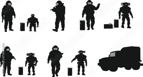 Silhouette vector illustration of bomb squad soldiers in protective suit, EOD team handling explosives, explosive ordnance disposal equipment, military truck, security defense operation