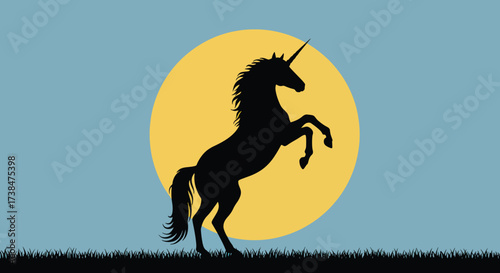Silhouette of a majestic unicorn rearing up against a bright full moon.