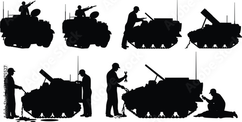 Silhouette illustration of soldiers repairing armored military vehicles and combat tanks, battlefield service, war machine maintenance, army repair operation vector design