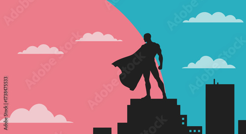 Silhouette of a superhero standing on a rooftop overlooking a city.