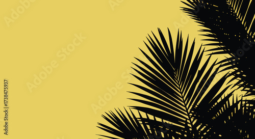 Silhouette of palm leaves against a yellow background.