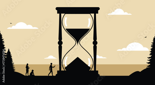 Giant hourglass silhouette symbolizing the passage of time and human existence.