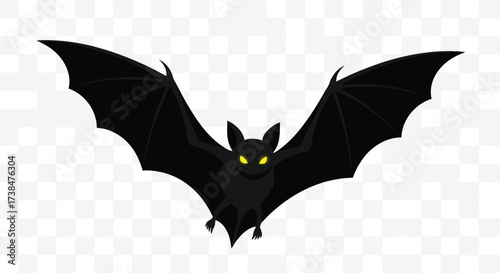 Vector art of black bat with glowing yellow eyes flying against a transparent background