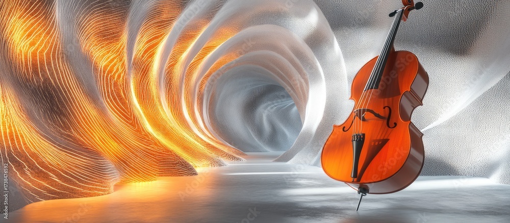 Fototapeta premium Classical Cello in Luminous Abstract Tunnel with Dynamic Orange and White Particle Waves