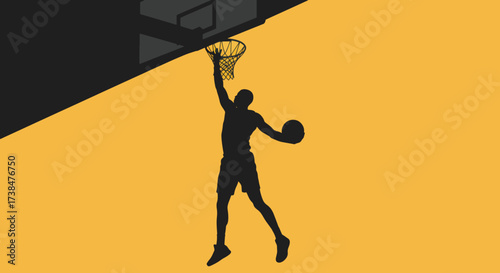 Silhouette of a basketball player dunking a ball on a yellow background.