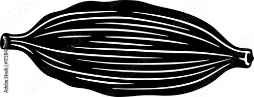 A simple black line drawing of a single cardamom pod silhouette isolated on white background
