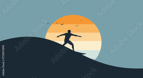 Silhouette of a surfer riding a wave during sunset.