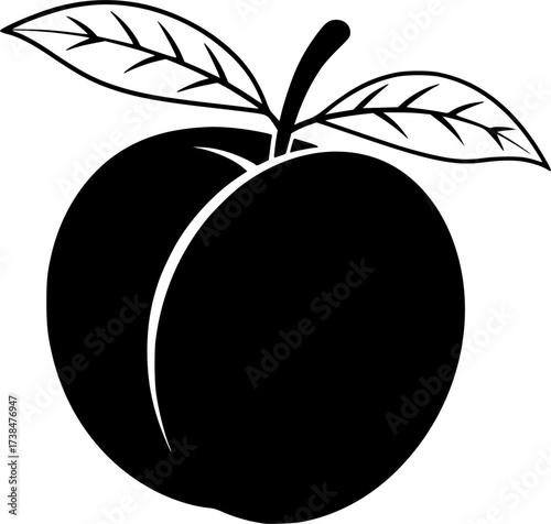 Stylized black and white outline of a peach with a leaf and stem silhouette isolated on white background
