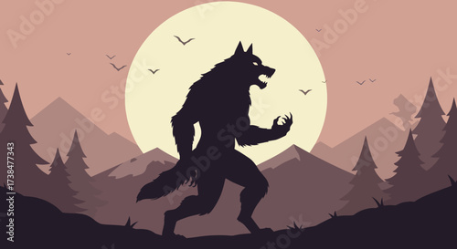 Silhouette of a fearsome werewolf creature under a large full moon.
