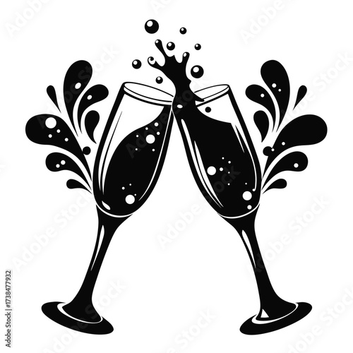 Champagne glasses clinking together with bubbles and splashes