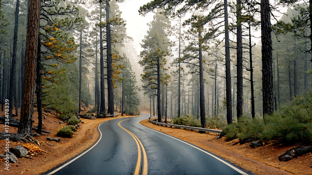 Fototapeta premium Drive into the serene beauty of a misty pine forest with a winding road, perfect for travel ads, nature blogs, or showcasing peaceful landscapes