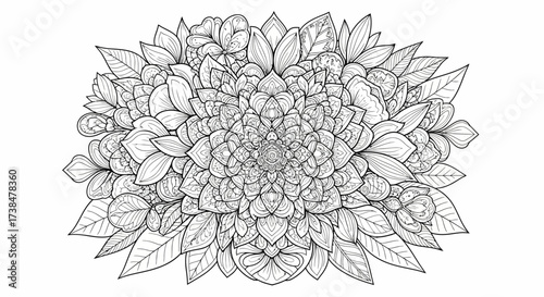 Detailed Botanical Mandala Pattern Black and White Line Art
