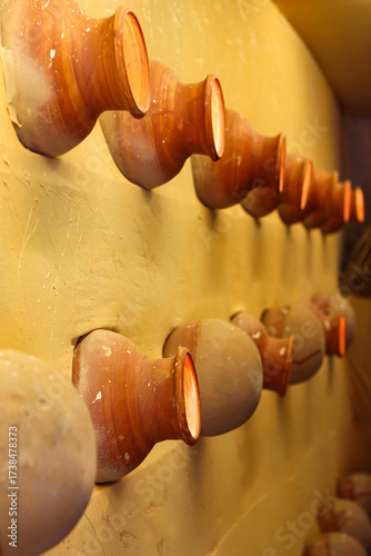Traditional Pottery Wall Art: Rows of Clay Pots in Warm Indian Decor for Durga Puja Festival