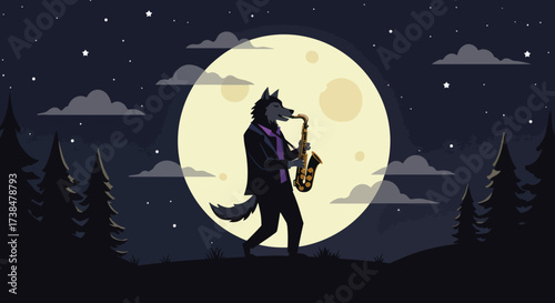 Anthropomorphic wolf playing saxophone under the moonlight.
