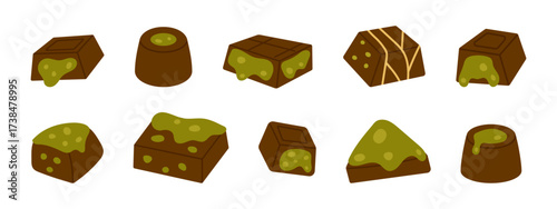 Vector set of Dubai pistachio chocolate candies, truffles. Gourmet chocolate pieces with green pistachio filling. Perfect collection for luxury dessert menu, packaging, confectionery branding.