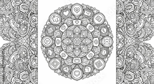 Detailed Line Art Mandala With Diverse Symbol Icons