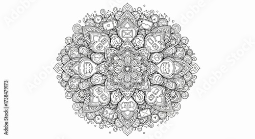 Detailed Line Art Mandala With Communication Icons