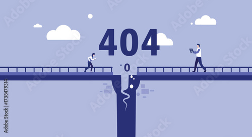 404 error page illustration with people and a broken bridge.