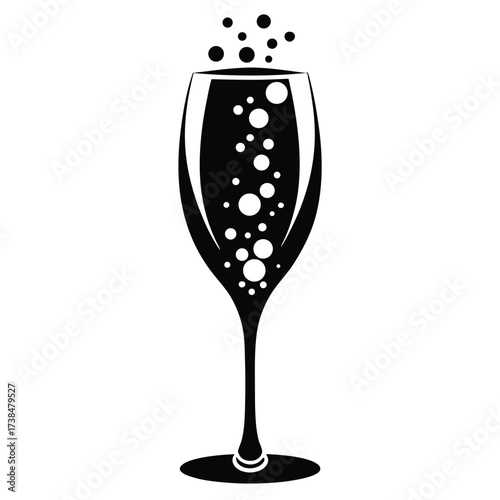 Elegant black and white icon of a champagne flute filled with bubbles