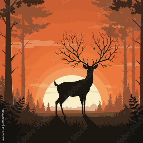 Majestic Deer Silhouette with Antlers Against Sunset.