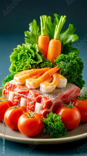 A salmon fillet with fresh shrimp on top, surrounded by carrots, lettuce, and tomatoes on a plate for a surf and turf concept.