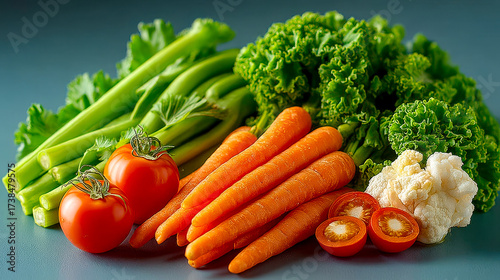 An assortment of fresh raw vegetables for a healthy diet, including carrots, celery, tomatoes, kale, and cauliflower on a gray background.