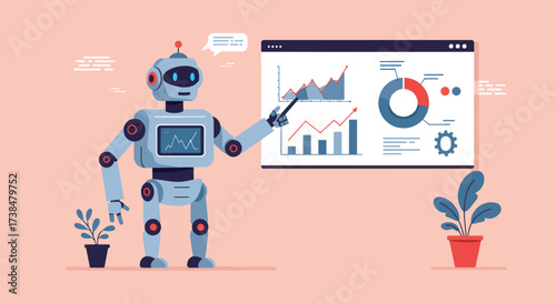 Robot Presenting Data and Analytics on a Screen.