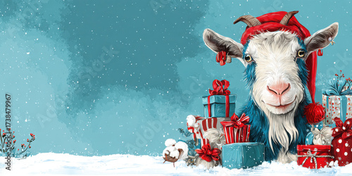 Cartoon goat in red Santa hat surrounded by wrapped Christmas presents in snowy winter scene with festive background and copy space