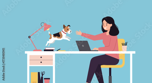 Woman working from home playing with her dog.