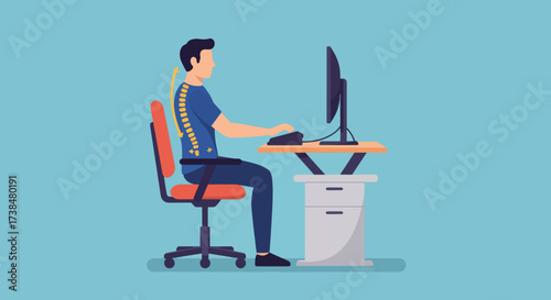Man sitting at desk with good posture and computer.