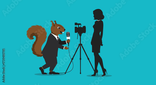 Squirrel reporter interviews woman with microphone and camera.