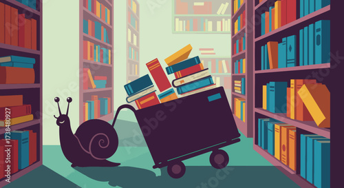 A snail pushing a cart full of books through a library aisle.