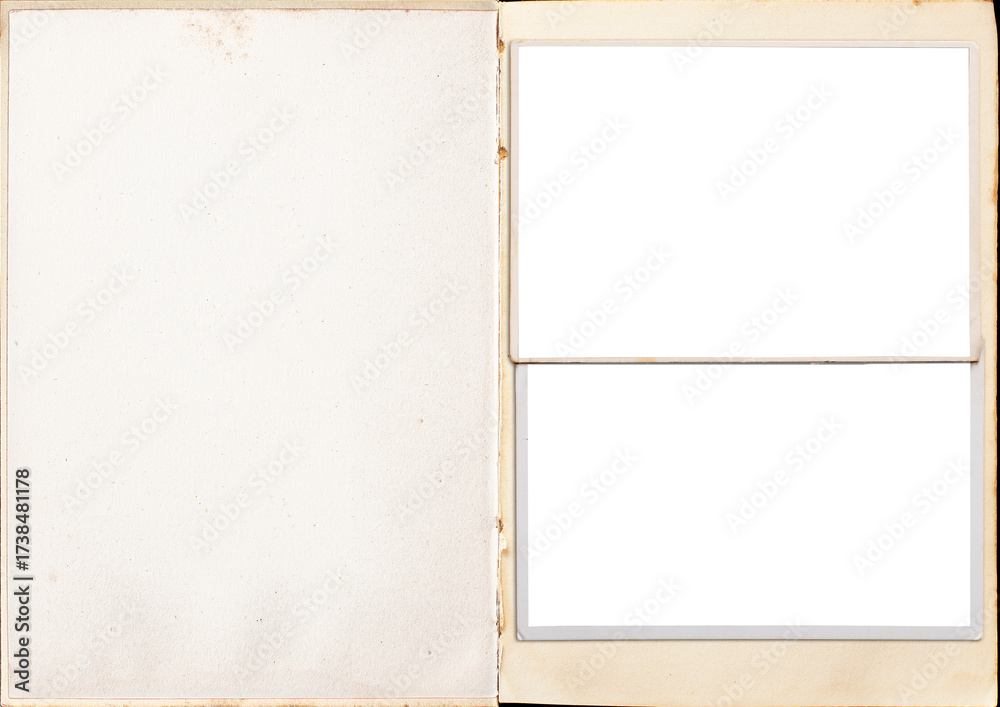 Fototapeta premium A vintage book pages with blank photo frames attached