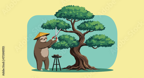 Sloth gardener meticulously prunes a bonsai tree with scissors.