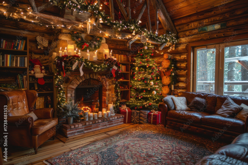 Obraz premium A cozy Christmas scene featuring a decorated tree, presents, and a warm fireplace, creating a festive and inviting atmosphere.