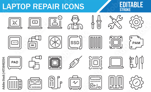 Editable Laptop Repair Illustration Set Featuring Components, Tech Support Tools, and Updates