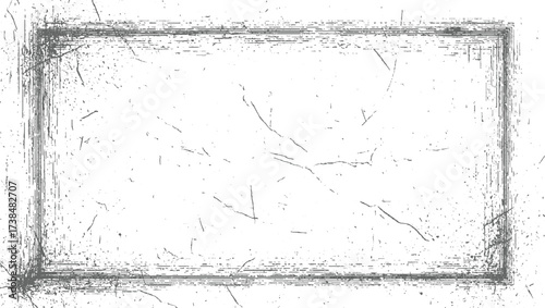 distressed rectangular frame with grunge texture and scattered scratches on a white background.