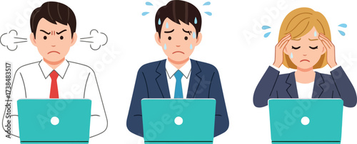 Three office workers, a man and a woman, looking stressed and frustrated while working on their laptops, isolated on a white background