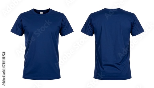 Front and back view of a plain, dark blue crewneck t-shirt on white background