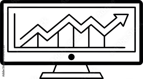 Vector art of simple line drawing of a computer monitor displaying an upward trending graph, symbolizes business growth and financial success