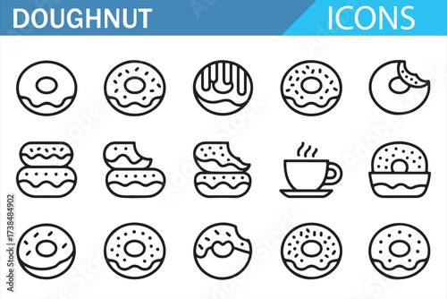 Set of Doughnut Icons with Different Flavors and Arrangement Styles