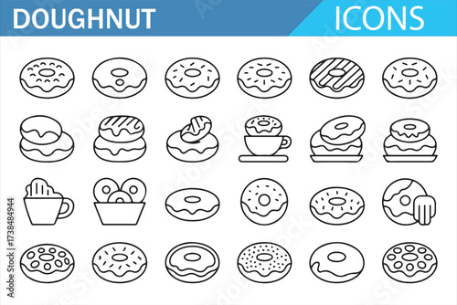 Icon Set of Doughnuts with Various Glazes, Sprinkles, and Coffee
