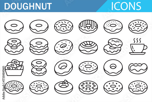Simple Line Icons of Doughnuts with Different Toppings and Coffee