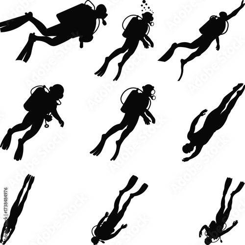 Scuba diving silhouette collection Vectors, Sea Diving Swimmer Ocean silhouette isolated on white background